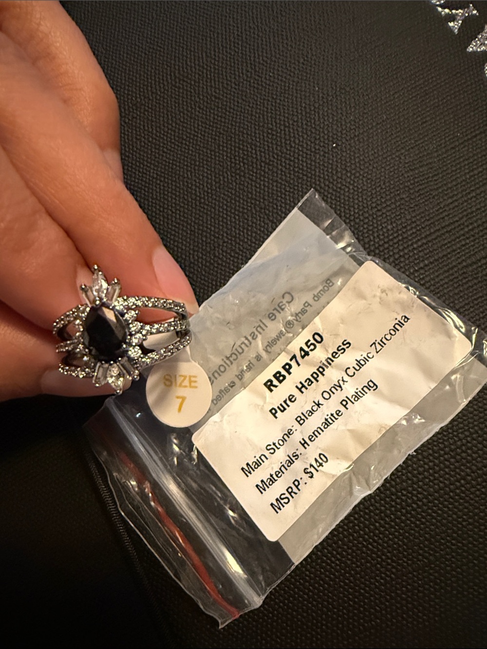 Pure Happiness Women's Black Onyx Ring with Hematite Plating - Size 7